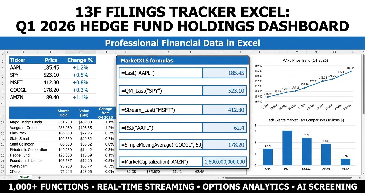 13F filings tracker excel showing Q1 2026 hedge fund holdings dashboard with consensus picks and sector allocation