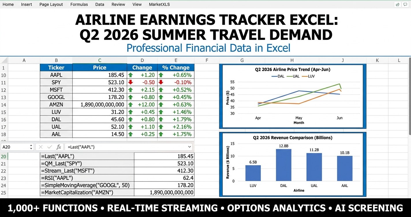 Airline earnings tracker excel Q2 2026 dashboard with summer travel demand watchlist, jet fuel sensitivity model, and EPS estimates for major US airlines