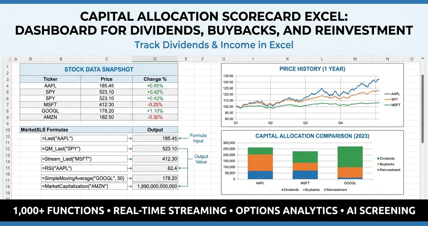 Capital allocation scorecard excel dashboard with KPI tiles, dividend yield, buyback yield, and ROIC screener powered by MarketXLS