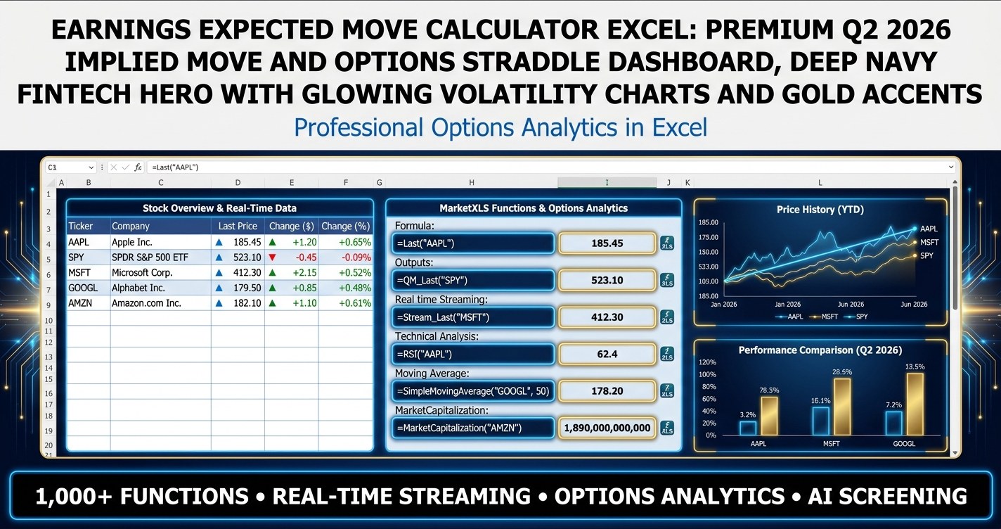 Earnings expected move calculator Excel dashboard showing implied move, straddle pricing, and IV rank for Q2 2026 earnings season