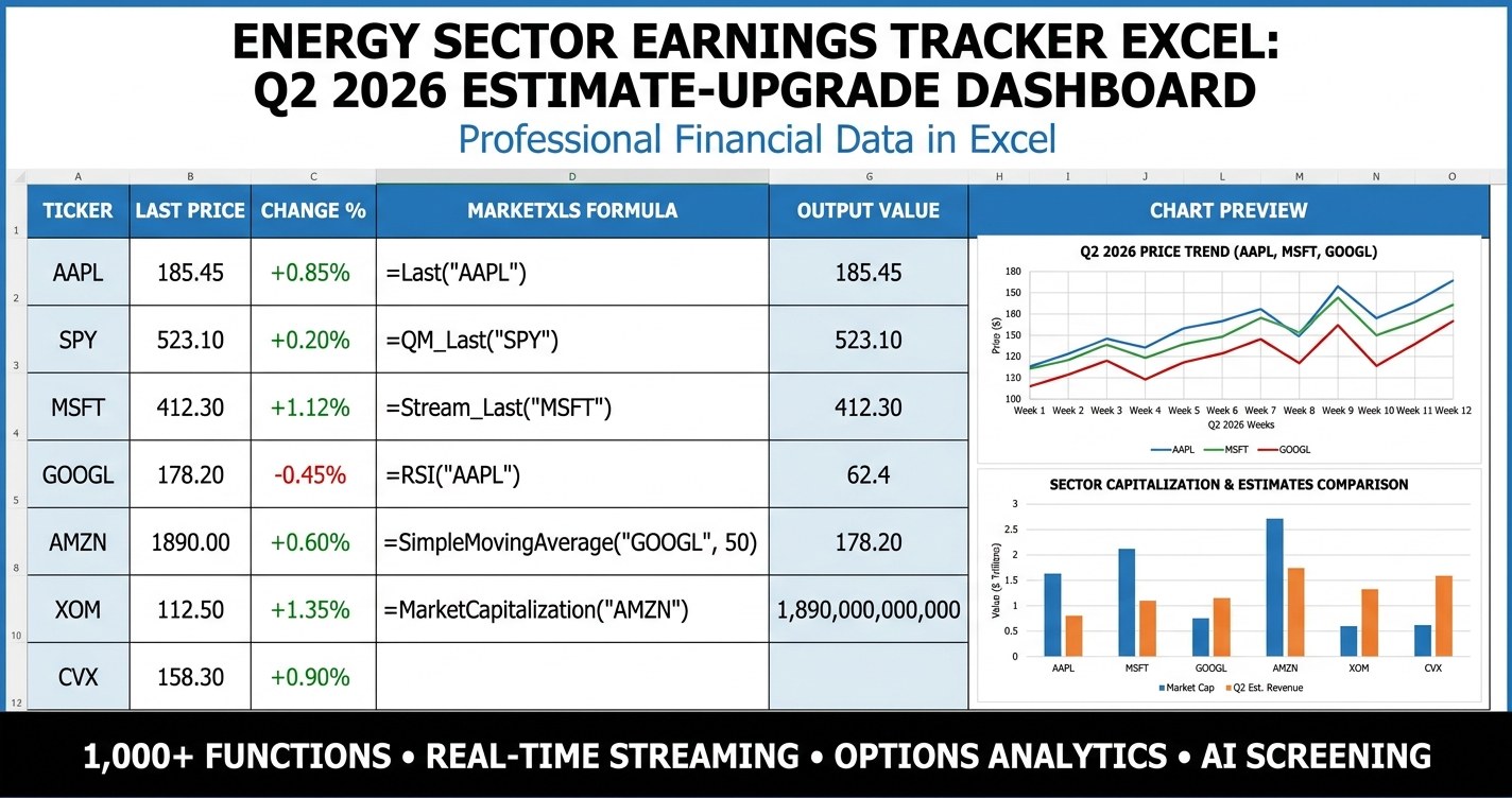 Energy sector earnings tracker Excel dashboard showing Q2 2026 oil and gas stock metrics with MarketXLS formulas