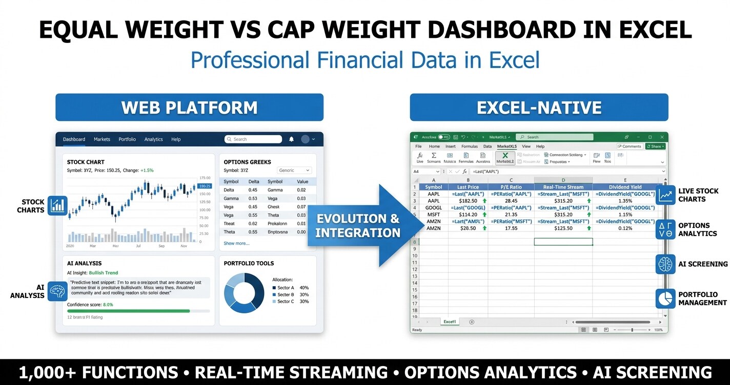 Equal weight vs cap weight dashboard excel comparing RSP and SPY, QQQ and QQQE, and sector breadth spreads with MarketXLS formulas
