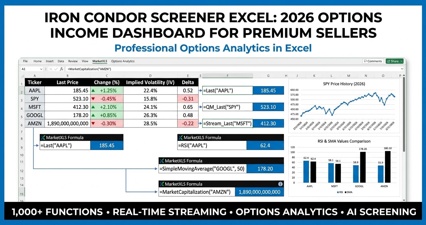 Iron condor screener excel dashboard showing IV rank, volatility risk premium, strike selection, and scenario analysis across liquid optionable underlyings