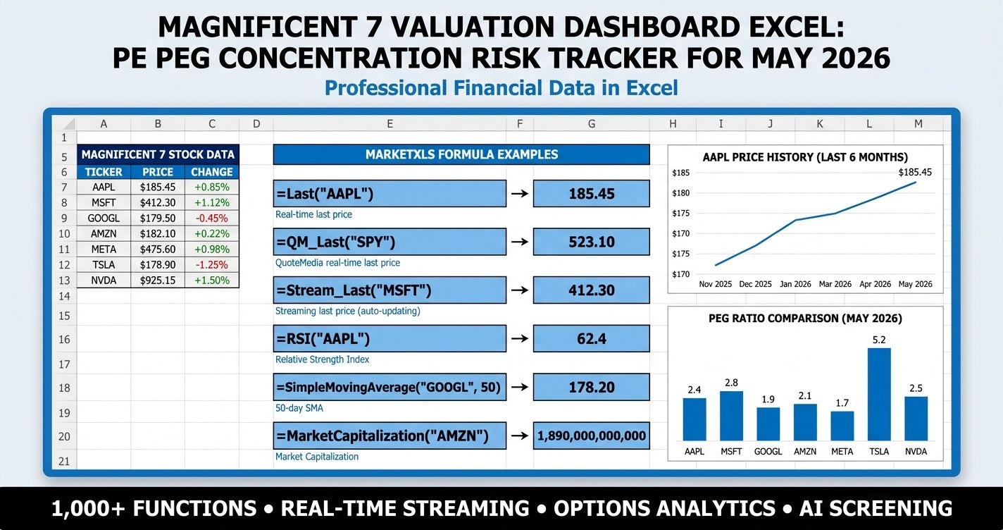 Magnificent 7 valuation dashboard Excel template showing PE PEG EV/EBITDA concentration risk for NVDA MSFT AAPL GOOGL AMZN META TSLA