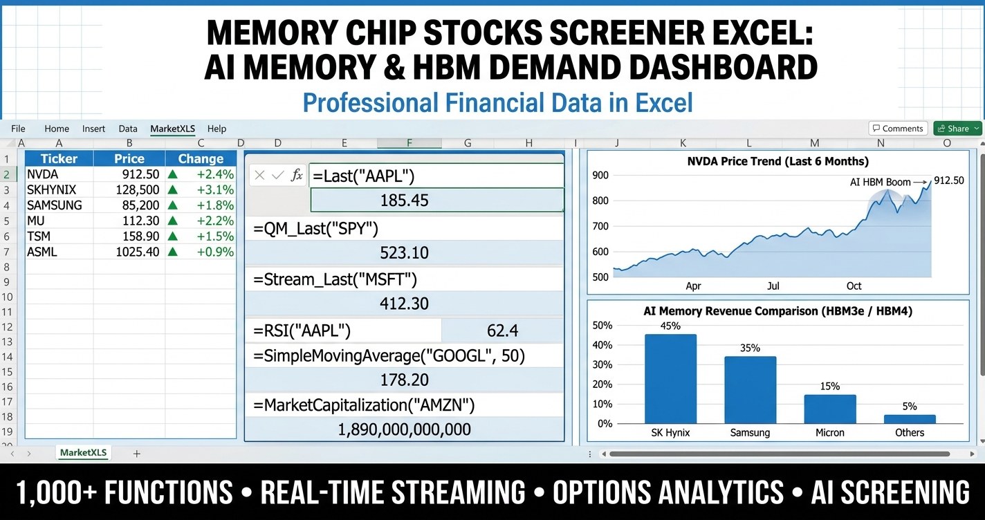 Memory chip stocks screener excel dashboard ranking Micron, SanDisk, and HBM semiconductor names by valuation, growth, and momentum with MarketXLS formulas
