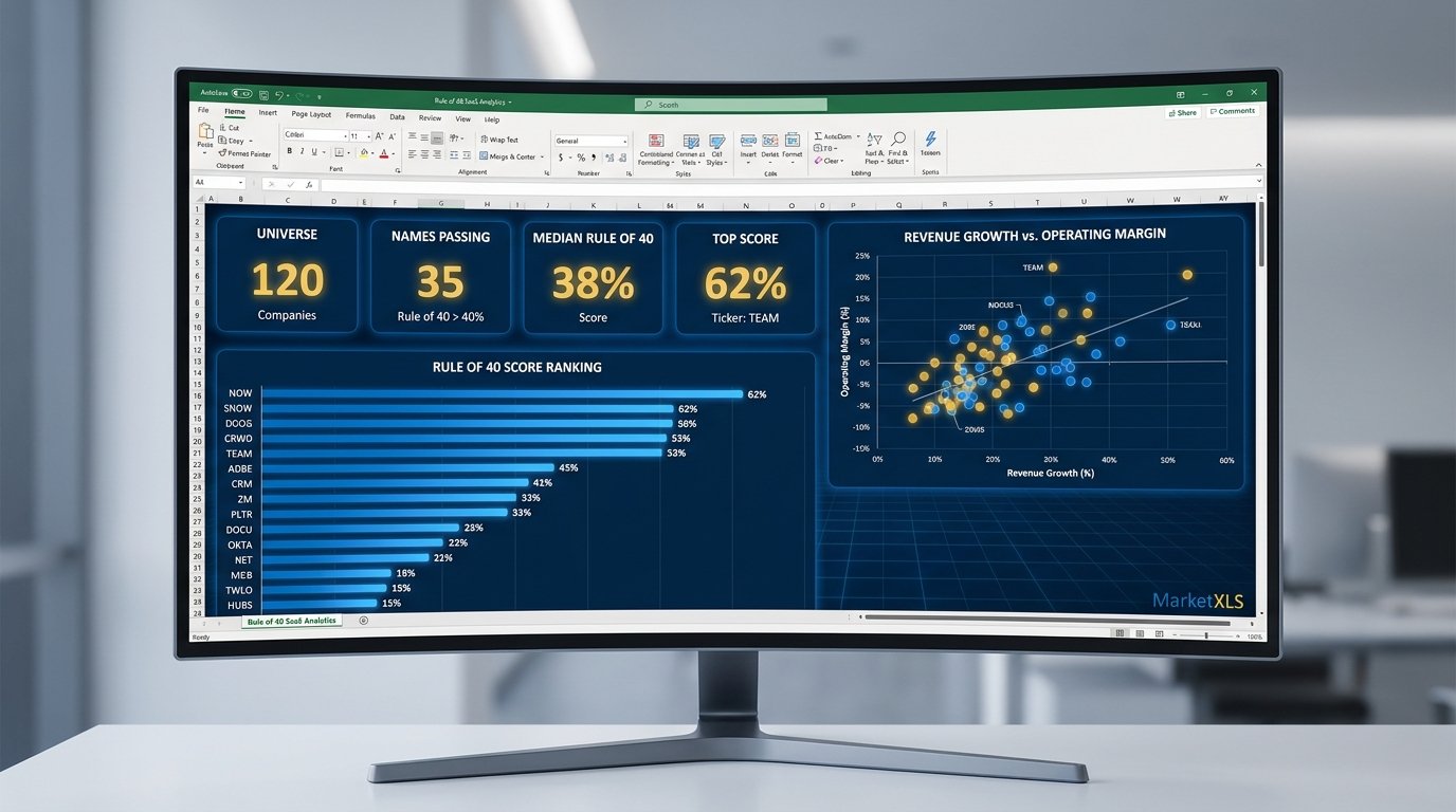 Rule of 40 screener excel - May 2026 premium SaaS dashboard scoring 20 cloud software names on revenue growth plus operating or FCF margin