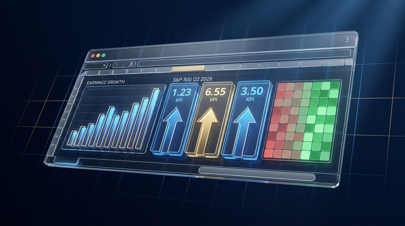 Sector earnings growth dashboard Excel showing Q2 2026 S&P 500 EPS growth by sector with KPI tiles, charts and heatmap