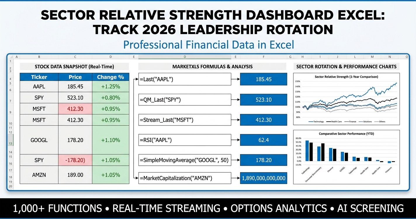 Sector relative strength dashboard excel ranking the 11 SPDR sector ETFs by relative strength versus SPY with MarketXLS formulas