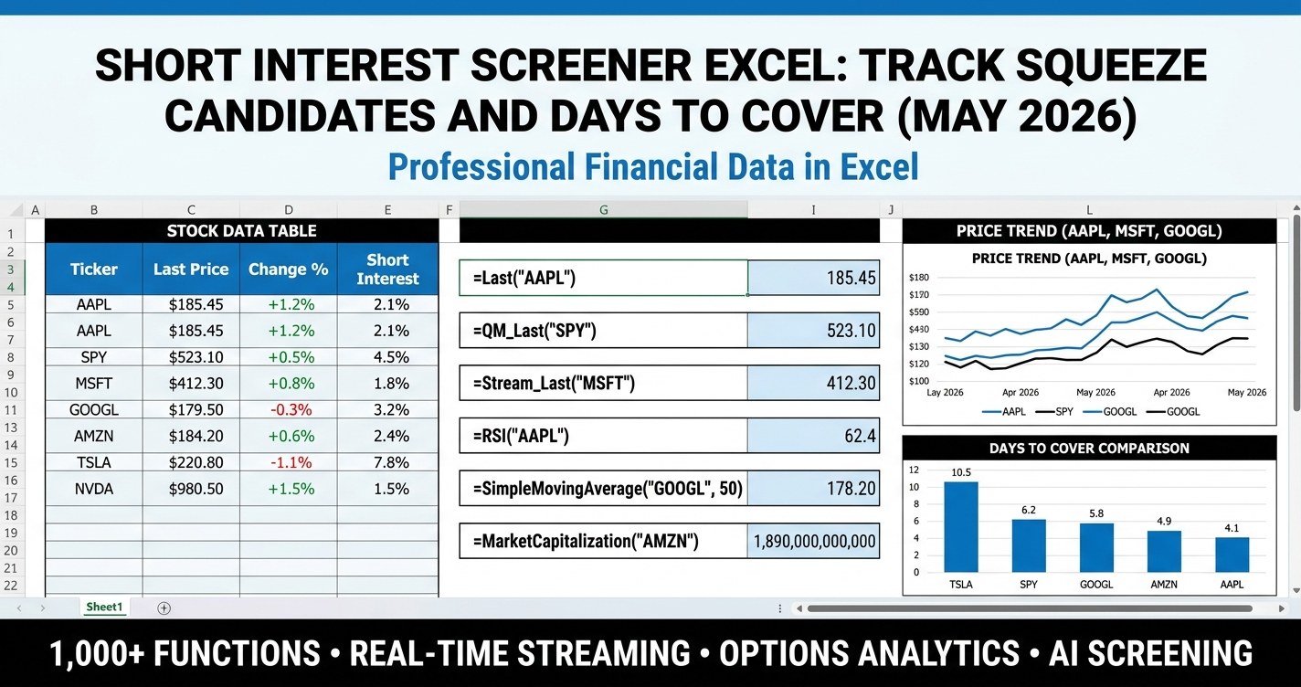 Short interest screener excel dashboard showing squeeze candidates, days to cover, and float metrics powered by MarketXLS