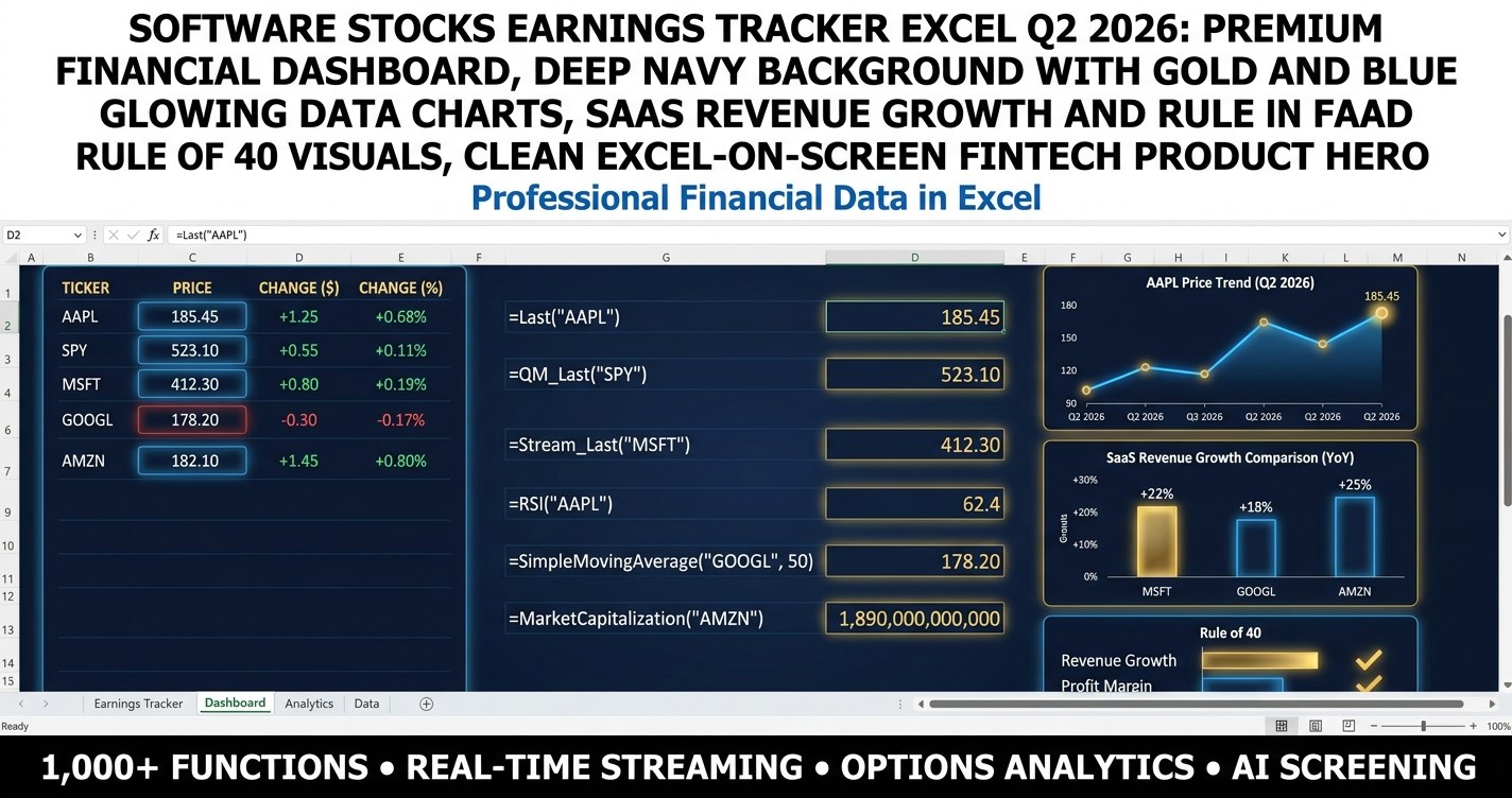 Software stocks earnings tracker Excel Q2 2026 SaaS results dashboard with KPI tiles and Rule of 40 chart