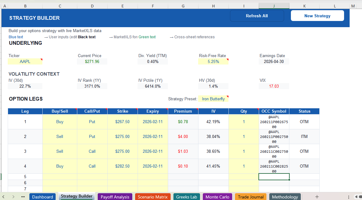 Strategy Builder - Build any options strategy Options strategy builder in Excel with up to 10 legs